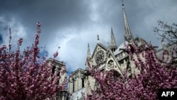 FILE - The Notre-Dame de Paris Cathedral is seen amid blossoming trees, April 3, 2019 in Paris. Nearly two weeks later it was damaged by fire. 
