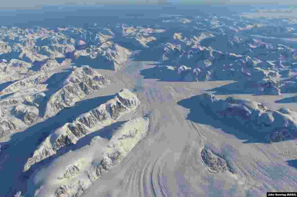 Heimdal Glacier in southern Greenland, in an image captured on Oct. 13, 2015, from NASA Langley Research Center's Falcon 20 aircraft flying 33,000 feet above mean sea level.