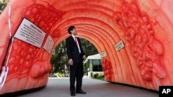 Anggota parlemen, Richard Pan, D-Sacramento, yang juga adalah seorang dokter anak, melintasi balon berbentuk usus besar di Gedung Capitol, Sacramento, California, Senin, 24 Maret 2014 (foto: AP Photo/Rich Pedroncelli)