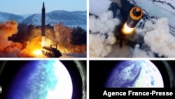 This combo picture released Jan. 31, 2022, by North Korea's official Korean Central News Agency (KCNA) shows what North Korea says is the test-firing of a Hwasong 12-missile.