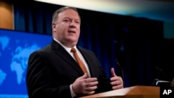 FILE - Secretary of State Mike Pompeo speaks at a news conference in the press briefing room at the State Department in Washington, Sept. 14, 2018, in Washington.