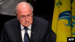 Presiden FIFA Sepp Blatter memberikan pidato pada Kongres FIFA di Zurich, Swiss, Kamis (28/5).