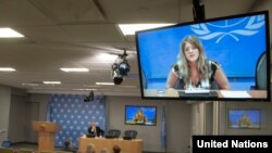 Hilde Johnson, Utusan PBB untuk Misi di Sudan Selatan (UNMISS), dalam jumpa pers lewat video dari Juba, Sudan Selatan (26/12).