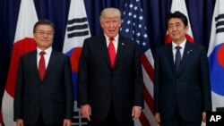 지난 2017년 7월 주요 20개국 정상회의가 열린 독일 함부르크에서 도널드 트럼프 미국 대통령과 문재인 한국 대통령, 아베 신조 일본 총리가 만찬회동을 했다.