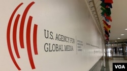 The U.S. Agency for Global Media logo at Voice of America, in Washington, Nov. 22, 2019.