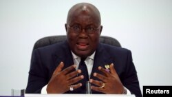 FILE - President Nana Addo Dankwa Akufo-Addo of Ghana at a news conference in London, April 20, 2018. 