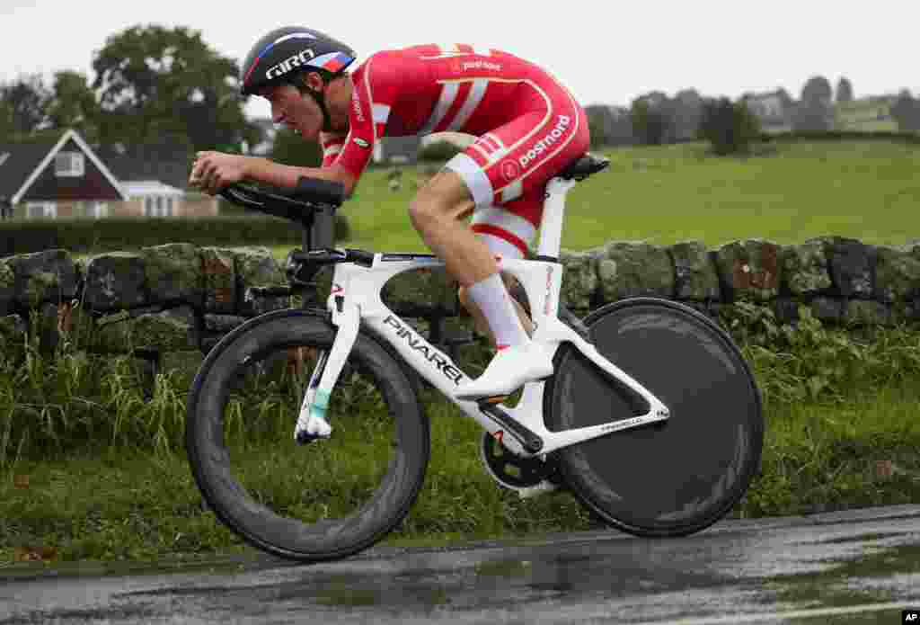 Denmark's Mikkel Bjerg competes to win the men under 23 individual time trial event, at the 2019 UCI Road World Championships in Harrogate, England.