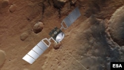 Artist's impression of Mars Express. The background is based on an actual image of Mars taken by the spacecraft's high resolution stereo camera. (Image credit: ESA/ATG medialab; Mars: ESA/DLR/FU Berlin)
