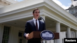 White House Senior Adviser Jared Kushner speaks to members of the White House press following his appearance before a closed session of the Senate Intelligence Committee as part of their probe into Russian meddling in the 2016 U.S. presidential election 