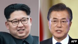 Le dirigeant nord-coréen Kim Jong Un (G) et son homologue de la Corée du Sud, Moon Jae-In.