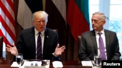 FILE - With U.S. Secretary of Defense James Mattis at his side, U.S. President Donald Trump speaks during a meeting at the White House in Washington, April 3, 2018.