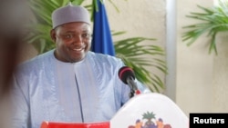 FILE - Gambia's President Adama Barrow is seen during a news conference in his residence in Banjul, Gambia, Jan. 28, 2017.