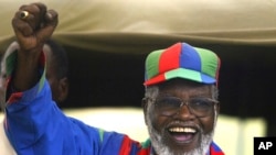FILE - Namibian and ruling Swapo party President Sam Nujoma speaks during an election rally in Windhoek, Namibia, Nov. 13, 2004. 
