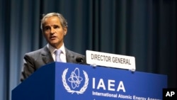라파엘 그로시 국제원자력기구(IAEA) 사무총장이 20일 오스트리아 빈의 IAEA 본부에서 열린 연례 총회에서 발언하고 있다.