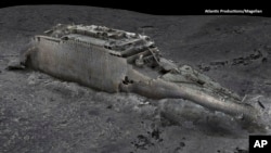 Captura tomada de un escaneo digital publicado por Atlantic/Magellan el jueves 18 de mayo de 2023, muestra una vista de la proa del Titanic, en el Océano Atlántico. (Atlantic/Magellan vía AP)