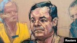 Joaquin "El Chapo" Guzman, dans un croquis lors de de sa comparution devant le palais de justice de Brooklyn, à New York, le 5 mai 2017.