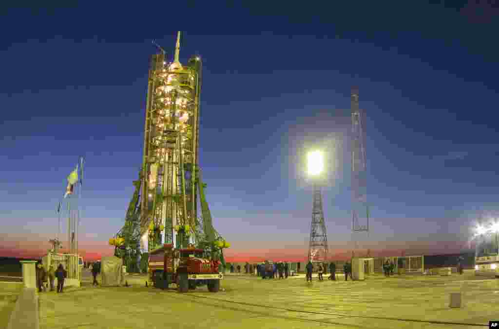 The Soyuz-FG rocket that carried the Olympic torch to space is seen prior to launch at the Russian leased Baikonur cosmodrome, Kazakhstan, Nov. 7, 2013.