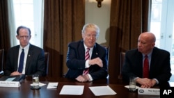 El senador republicano Pat Toomey, (izq.), y el representante Kevin Brady, republicano por Texas (der.), con el presidente Donald Trump durante una reunión con legisladores sobre política comercial en la sala del gabinete de la Casa Blanca, martes, febrero . 13, 2018, en Washington. (AP Photo / Evan Vucci)