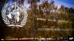 FILE - The logo of the World Health Organization is seen at WHO headquarters in Geneva, Switzerland.