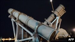FILE - Harpoon missile launchers are seen on the U.S. Navy USS Coronado, which docked at Changi Naval Base in Singapore, Oct. 16, 2016. Pakistan is concerned by a proposed sale of Harpoon missiles to India.