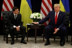 U.S. President Donald Trump speaks during a bilateral meeting with Ukraine's President Volodymyr Zelenskiy on the sidelines of the 74th session of the U.N. General Assembly in New York, Sept. 25, 2019.