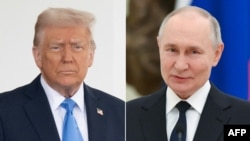 (COMBO) This combination of pictures created on February 12, 2025 shows
US President Donald Trump in Washington, DC, February 11, 2025 and Russia's President Vladimir Putin in Moscow on February 6, 2025.