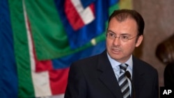លោក​ Luis Videgaray រដ្ឋ​មន្ត្រី​ក្រសួង​ហិរញ្ញវត្ថុ​របស់​ម៉ិកស៊ិក​ធ្វើ​សន្និសីទ​កាសែត​នៅ​វិមាន​ជាតិ​ក្នុង​ក្រុង​ម៉ិកស៊ិក។ 