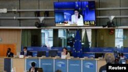 Belarusian opposition leader Sviatlana Tsikhanouskaya speaks to the members of the European Parliament's Foreign Affairs committee, at the EU Parliament in Brussels, Belgium, Sept. 21, 2020. 