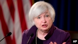 FILE - Federal Reserve Chair Janet Yellen speaks during a news conference following a Federal Open Market Committee meeting in Washington, June 2015.