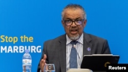 Mkurugenzi Mkuu wa WHO Tedros Adhanom Ghebreyesus akizungumzia mlipuko wa Marburg katika mkutano na waandishi wa habari mjini Kigali, Oktoba 20, 2024. Picha ya Reuters