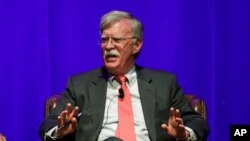 Former national security adviser John Bolton takes part in a discussion on global leadership at Vanderbilt University Wednesday, Feb. 19, 2020, in Nashville, Tenn. (AP Photo/Mark Humphrey)