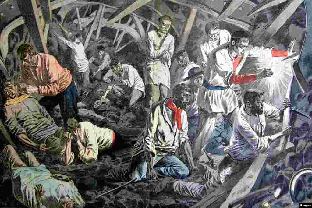 An illustration of the survivors of Europe's worst mining disaster which killed 1,099 miners 100 years ago on March 10, 1906 in Courrieres, northern France. Only 13 miners survived after being trapped underground for 20 days. (Reuters)