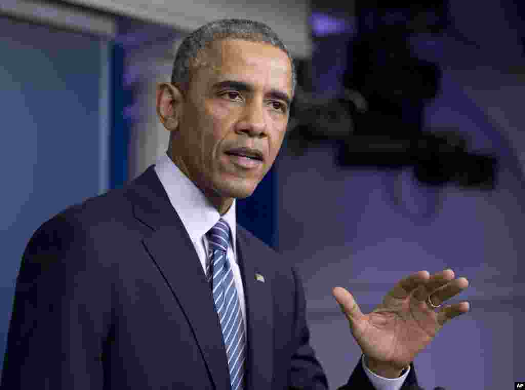 President Barack Obama speaks from the White House after the Ferguson grand jury decided not to indict police officer Darren Wilson in the shooting death of Michael Brown, Washington, Nov. 24, 2014.