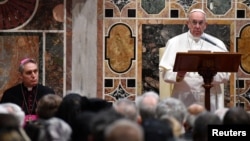 Pope Francis makes his speech during an audience with the diplomatic corps accredited to the Holy See for the traditional exchange of New Year greetings at the Vatican, Jan. 9, 2017. 