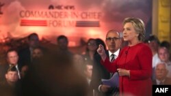 2016年9月7日民主党总统候选人希拉里·克林顿在纽约NBC发表讲话。