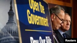 Anggota fraksi Demokrat Senator Charles Schumer (kiri) dan pemimpin mayoritas Senat dari fraksi Demokrat Harry Reid saat berbicara dengan wartawan di Washington (12/10). (Reuters/Jonathan Ernst)
