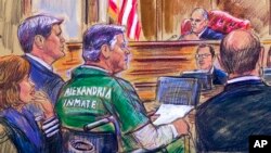 This courtroom sketch depicts former Trump campaign chairman Paul Manafort, center in a wheelchair, during his sentencing hearing in federal court before Judge T.S. Ellis III in Alexandria, Va., March 7, 2019.