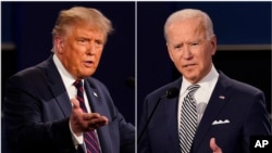 FILE - President Donald Trump, left, and former Vice President Joe Biden are seen during the first presidential debate at Case Western University and Cleveland Clinic, in Cleveland, Ohio, in this combination of Sept. 29, 2020, photos.