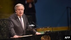 Antonio Guterres, Secrétaire général de l'ONU lors de la réunion sur la consolidation de la paix et le maintien de la paix au Siège des Nations Unies à New York, le 24 avril 2018.