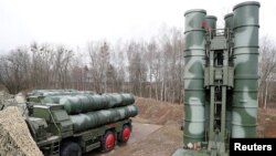FILE - Russian S-400 surface-to-air missile systems aree shown after their deployment at a military base outside the town of Gvardeysk, near Kaliningrad, Russia, March 11, 2019. 