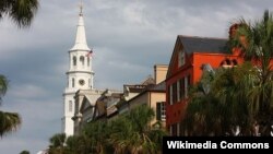 Broad Street in Charleston with steeple of St Michael's Church