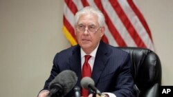 Secretary of State Rex Tillerson speaks to the news media at the Palm Beach International Airport, Thursday, April 6, 2017, in West Palm Beach, Fla. (AP Photo/Lynne Sladky)
