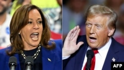 民主党总统候选人、现任美国副总统卡玛拉·哈里斯(Kamala Harris)(左)与共和党候选人、美国前总统唐纳德·特朗普(Donald Trump)（右）