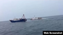 越南海警追趕驅散一艘侵入越南北部灣海域非法捕魚的中國漁船。（2019年4月7日）
