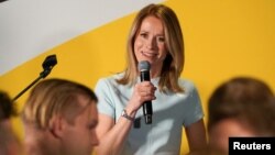 Estonian Prime Minister Kaja Kallas speaks as she reacts to election results in Tallinn, Estonia March 6, 2023. 