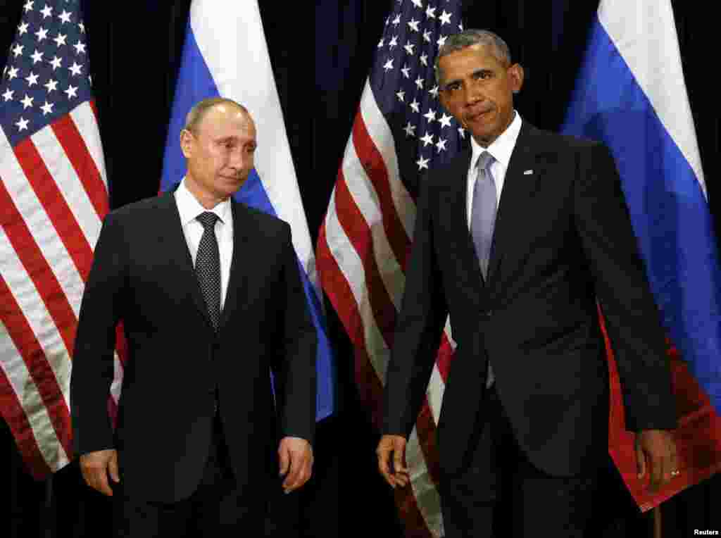 U.S. President Barack Obama and Russian President Vladimir Putin meet at the United Nations General Assembly in New York Sept. 28, 2015. 