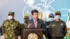 El ministro de Defensa, Diego Molano (Centro), y los comandantes de la Policía y las Fuerzas Militares, entregaron nuevos detalles sobre la investigación del asesinato del presidente de Haití, Jovenel Moise. [Foto Cortesía Ministerio de Defensa]