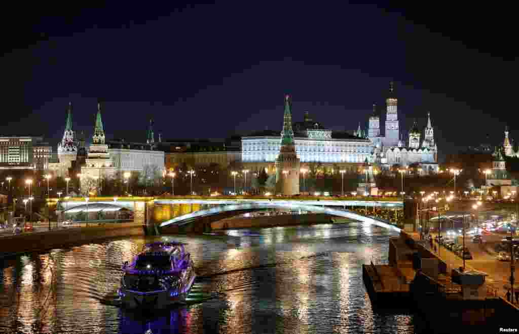 The Kremlin is seen before the lights are switched off for Earth Hour in Moscow, March 30, 2019.