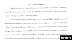 Part of special counsel Robert Hur's report on the investigation into U.S. President Joe Biden's handling of classified documents is seen in Washington on Feb. 8, 2024. (U.S. Justice Department via Reuters)