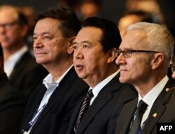 国际刑警组织主席孟宏伟（右起第二人）和国际刑警组织秘书长卓尔金·斯托克（右）2017年7月4日出席新加坡国际刑警组织世界大会开幕式。